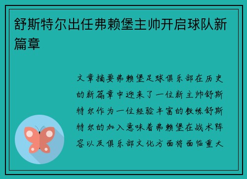 舒斯特尔出任弗赖堡主帅开启球队新篇章 舒斯特尔出任弗赖堡主帅开启球队新篇章